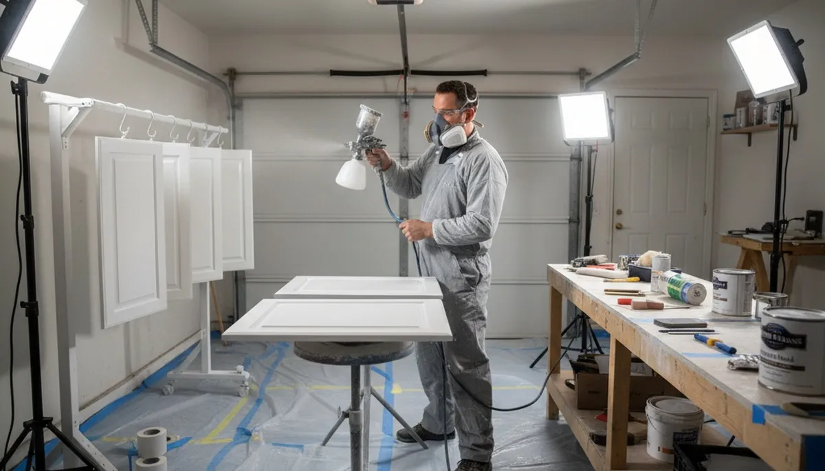 Professional cabinet painting process transforming Peoria IL kitchen with smooth spray finish