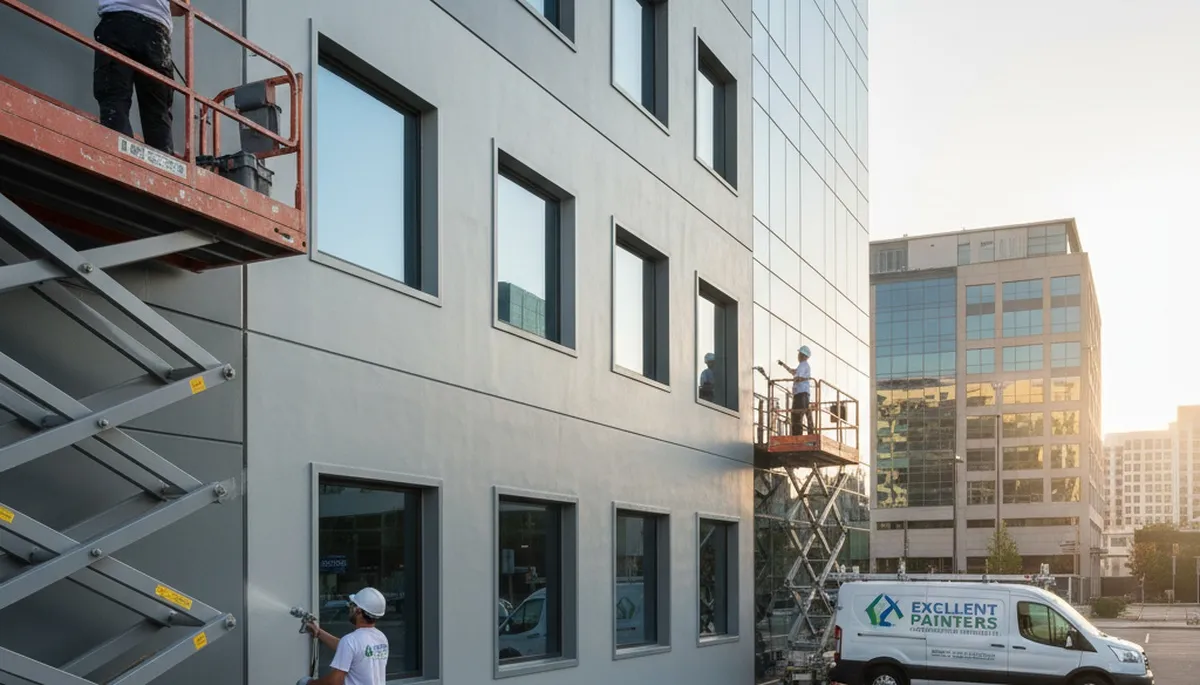 Professional commercial painters working on an office building exterior in Peoria, IL