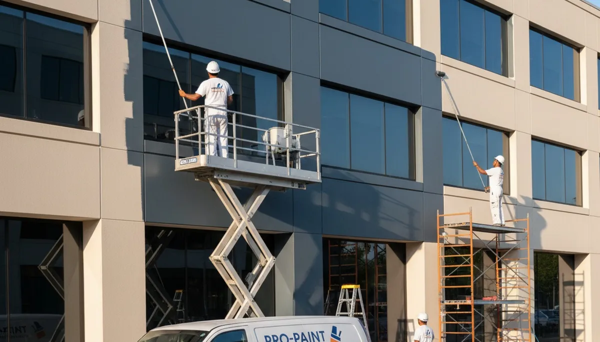 Professional commercial painters finishing office exterior in Peoria, IL for a durable, polished look