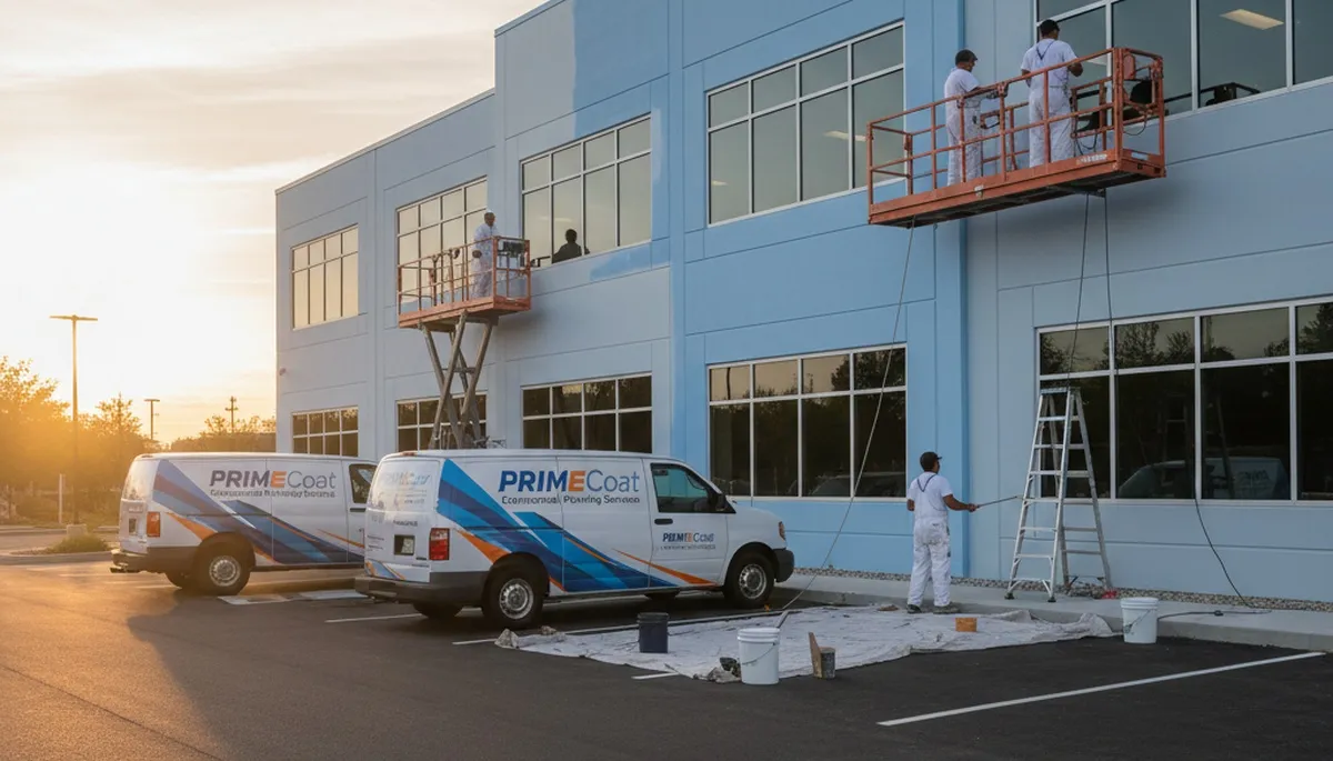 Professional commercial painters in Peoria IL applying fresh exterior paint to a local business building