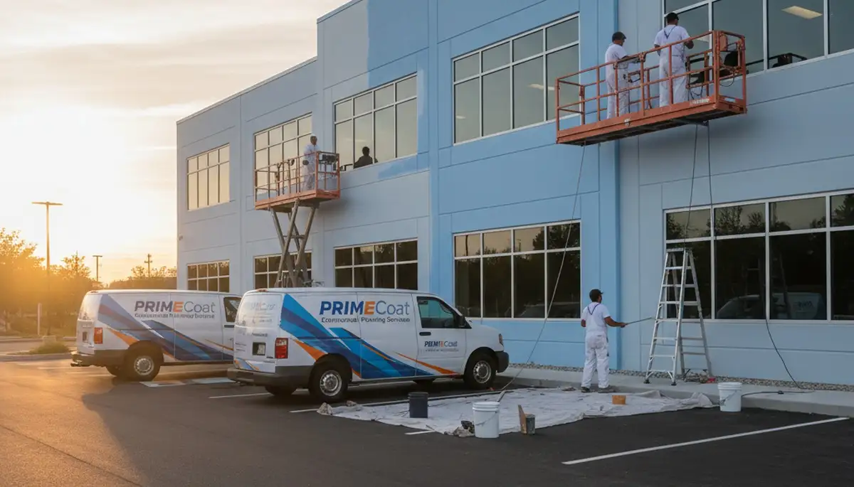 Professional commercial painters in Peoria IL applying fresh exterior paint to a local business building