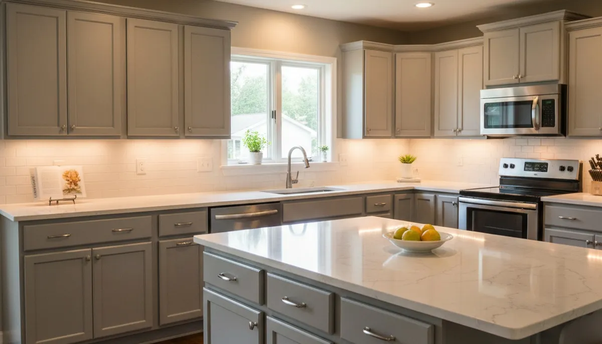 Refinished kitchen cabinets in Peoria, IL with smooth, durable paint finish by local house-painting experts