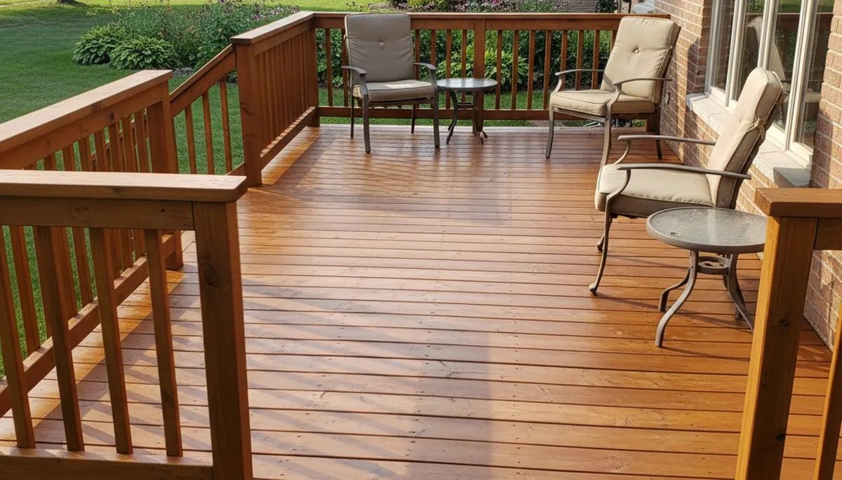 Finished deck staining in Peoria IL showcasing rich wood color and weather-resistant protective finish
