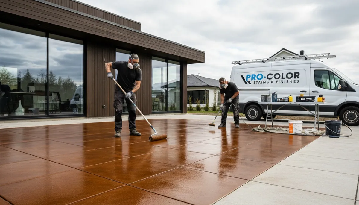 Professional concrete staining on residential patio in Peoria, IL by expert house painters