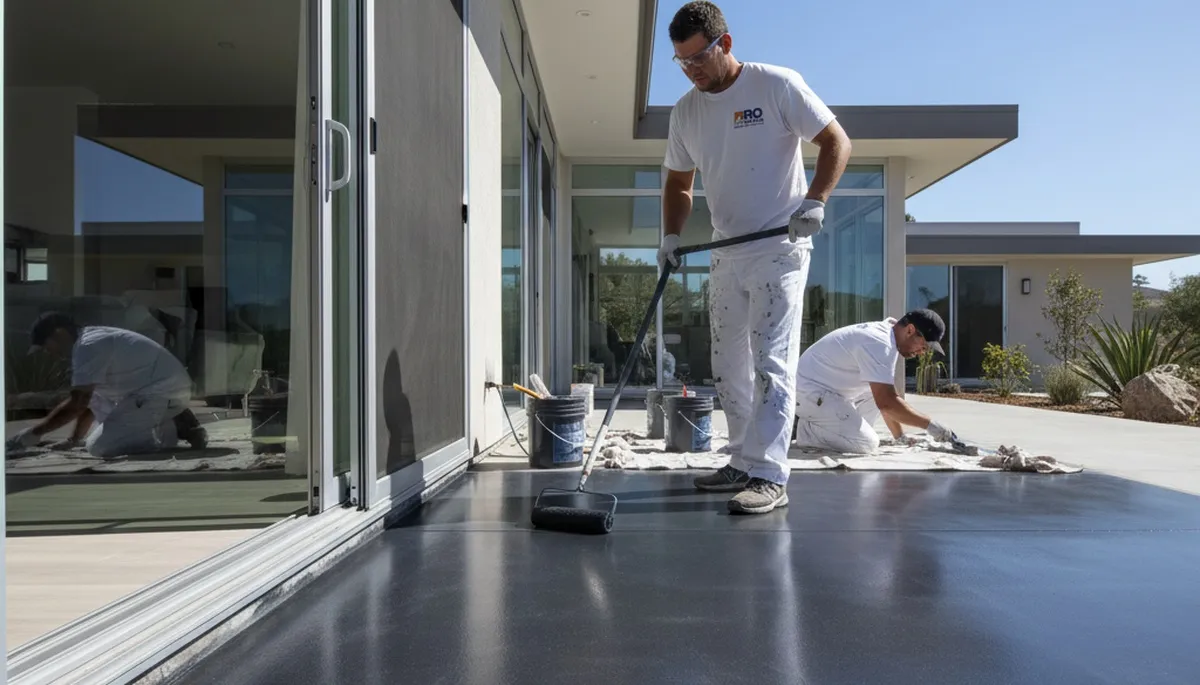 Professional concrete staining on residential patio in Peoria, IL for durable, color-rich finish