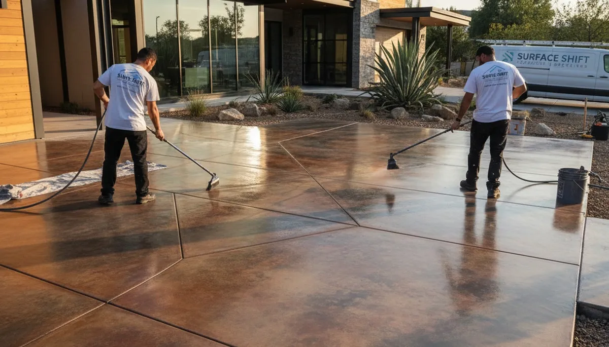 Professional concrete staining on residential patio in Peoria, IL by expert house painters