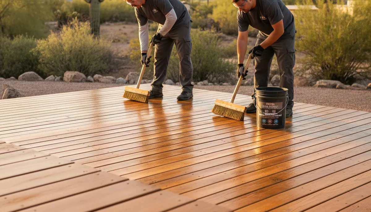 Professional deck staining in Peoria IL applying protective wood finish for lasting outdoor beauty