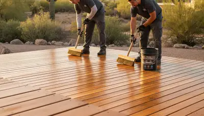 Professional deck staining in Peoria IL applying protective wood finish for lasting outdoor beauty