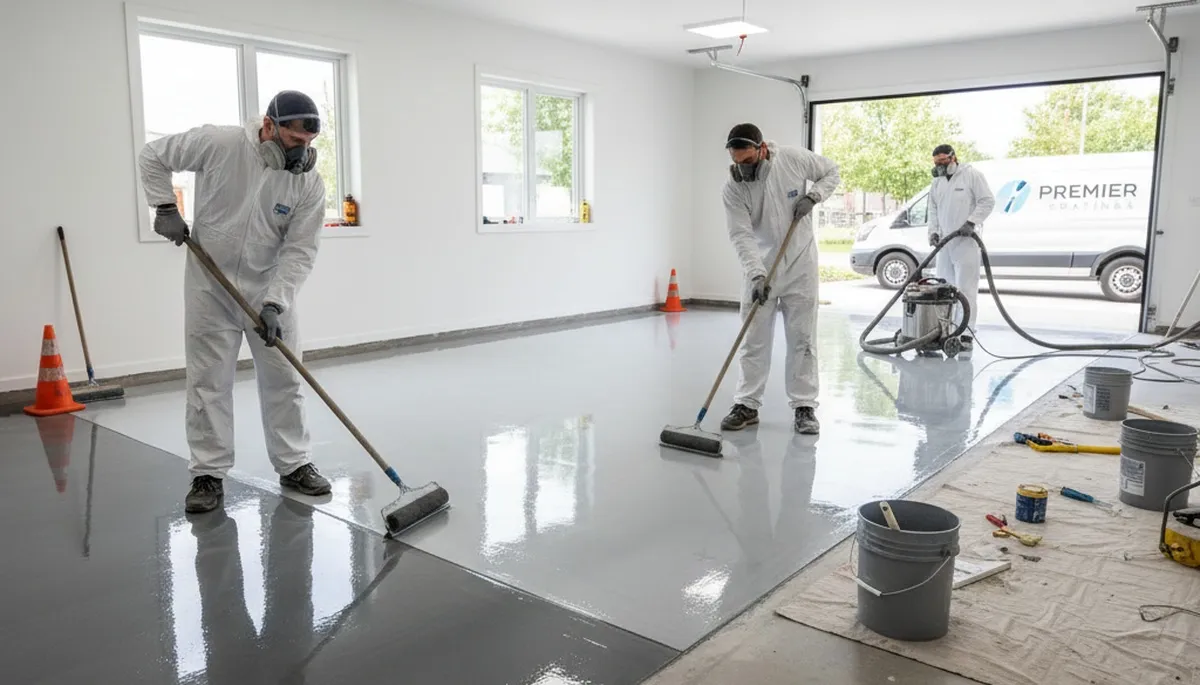 Epoxy garage floor coating by Peoria IL house painters for durable, moisture-resistant finish