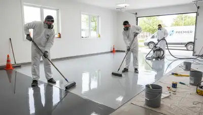 Epoxy garage floor coating by Peoria IL house painters for durable, moisture-resistant finish