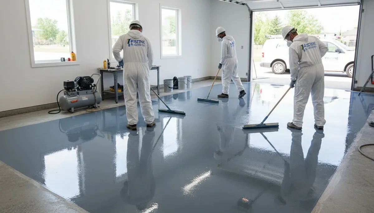 Professional epoxy floor coating in Peoria IL garage by expert house painters for durable finish