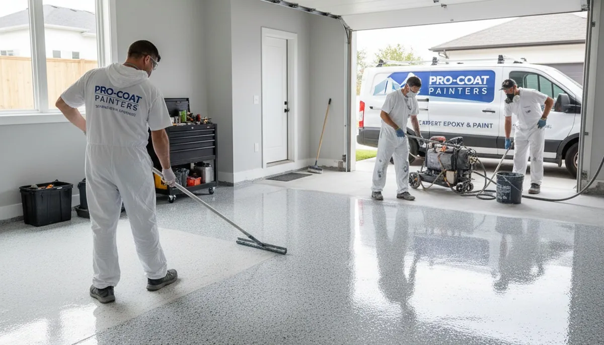 Professional garage floor epoxy coating by house painters in Peoria, IL for durable, salt-resistant finish