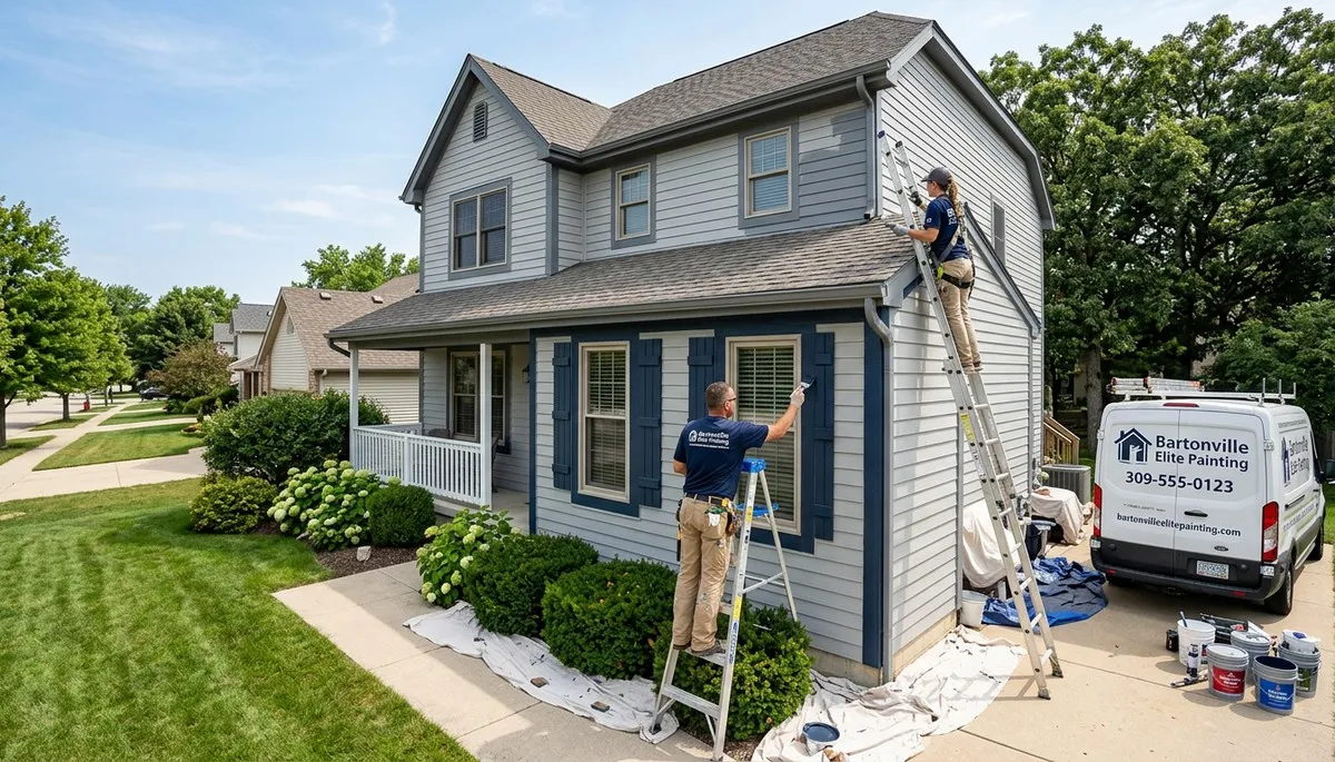 Professional house painters finishing exterior home in Peoria, IL