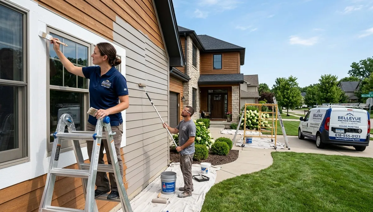 Professional house painters in Peoria IL applying fresh exterior paint to a residential home
