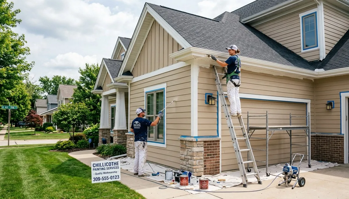 Professional house painters working on residential exterior in Peoria IL