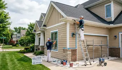 Professional house painters working on residential exterior in Peoria IL