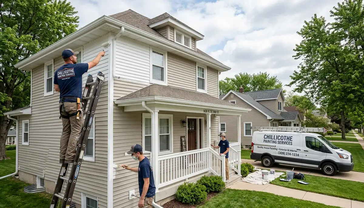 Professional house painters in Peoria IL applying fresh exterior paint to a residential home