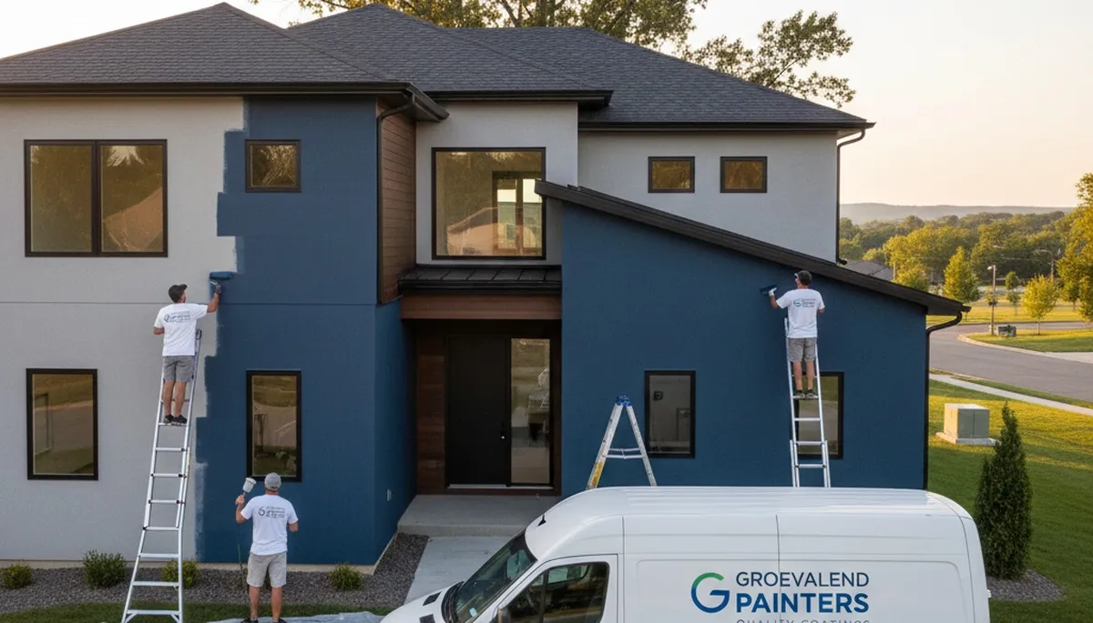 Professional house painters improving home exterior in Peoria IL with fresh residential paint finish