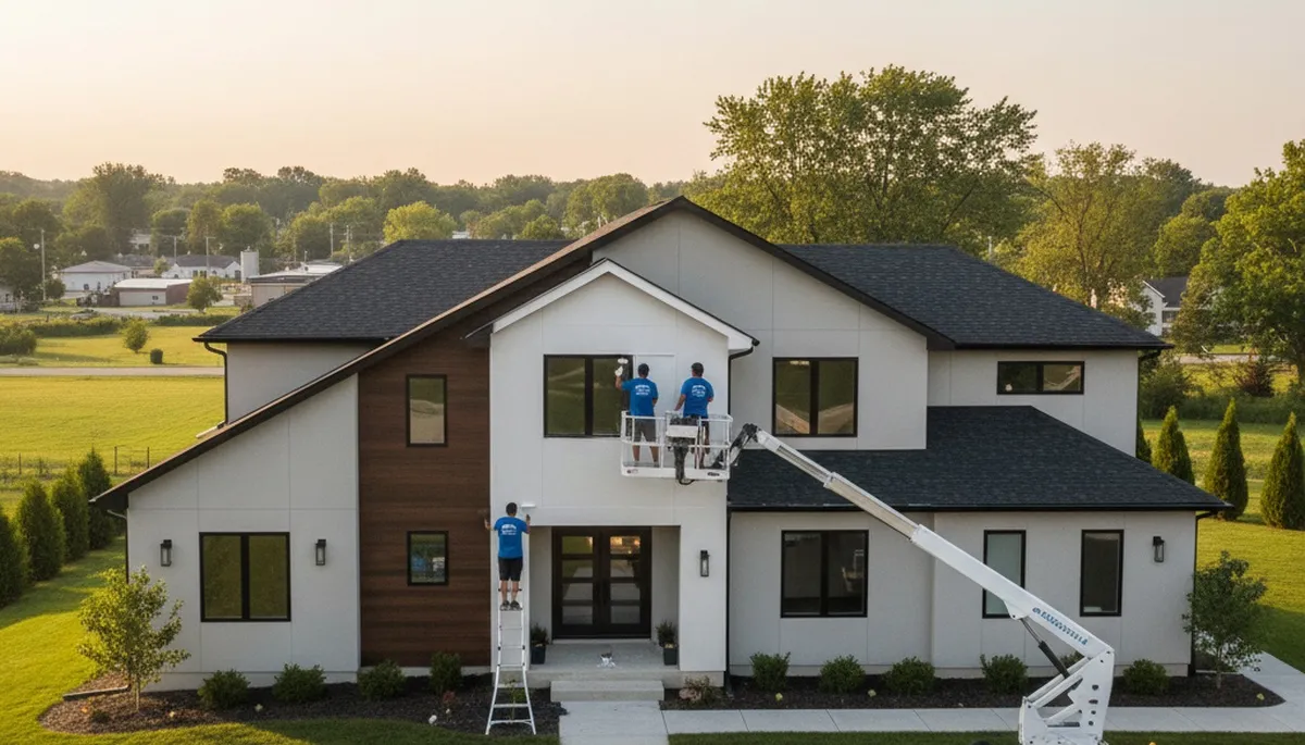 Professional house painters in Peoria IL applying exterior paint to a residential home