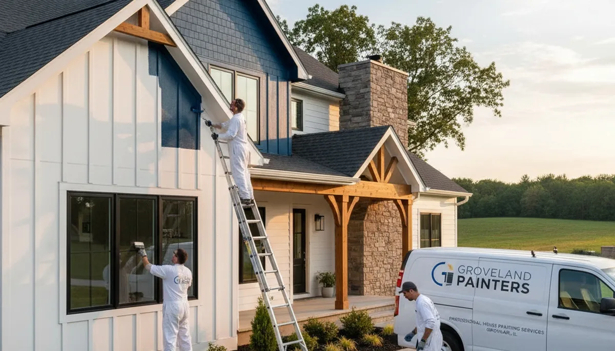 Professional house painters working on exterior home in Peoria IL