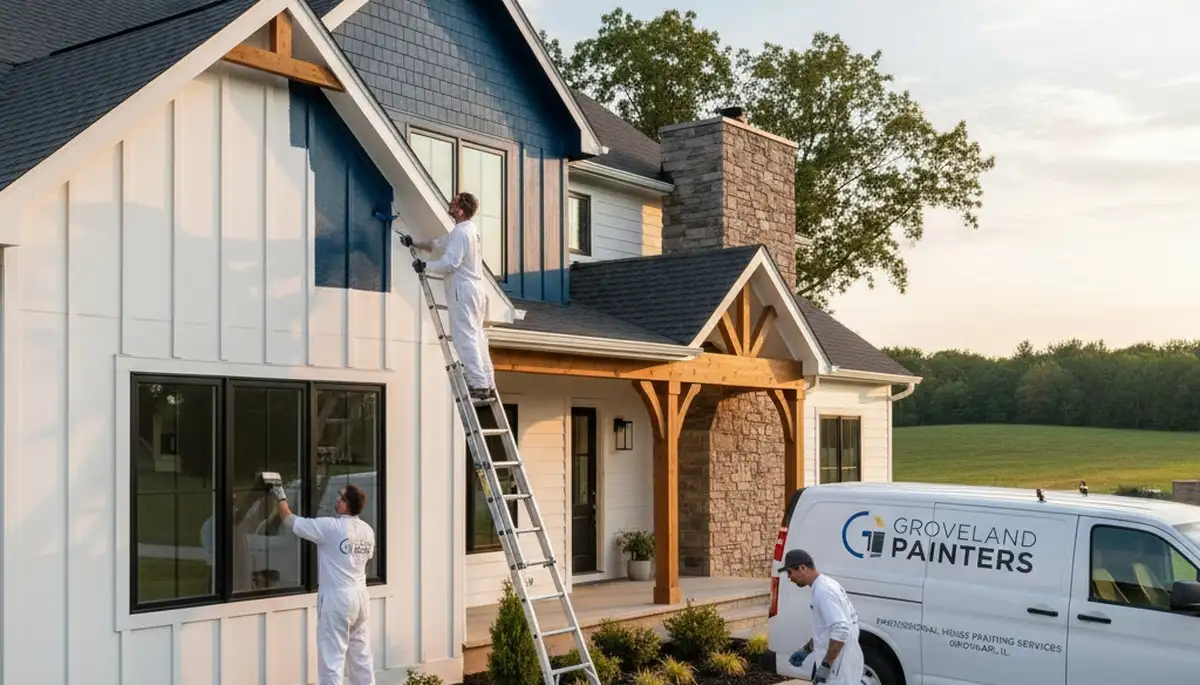 Professional house painters working on exterior home in Peoria IL