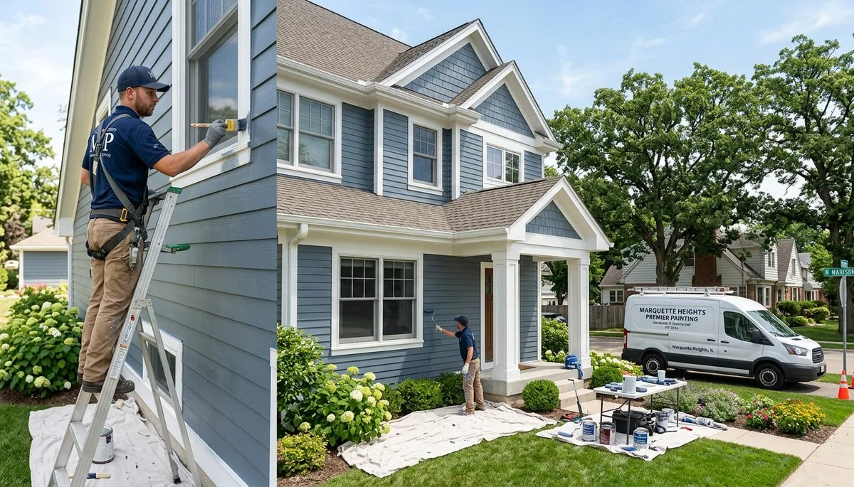Professional house painters finishing exterior home in Peoria IL
