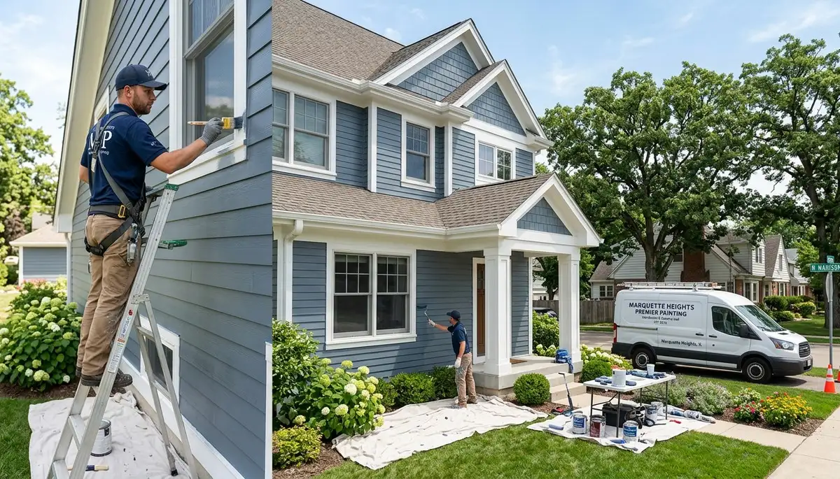 Professional house painters finishing exterior home in Peoria IL