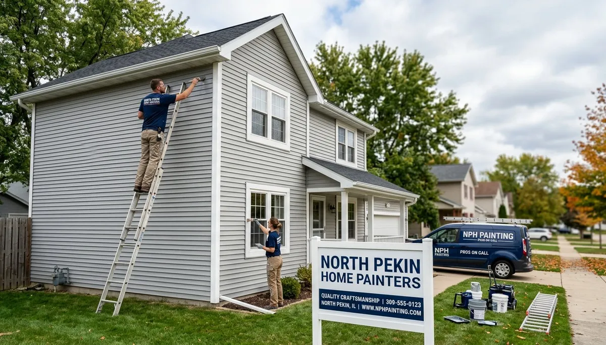 Professional house painters finishing exterior home in Peoria IL
