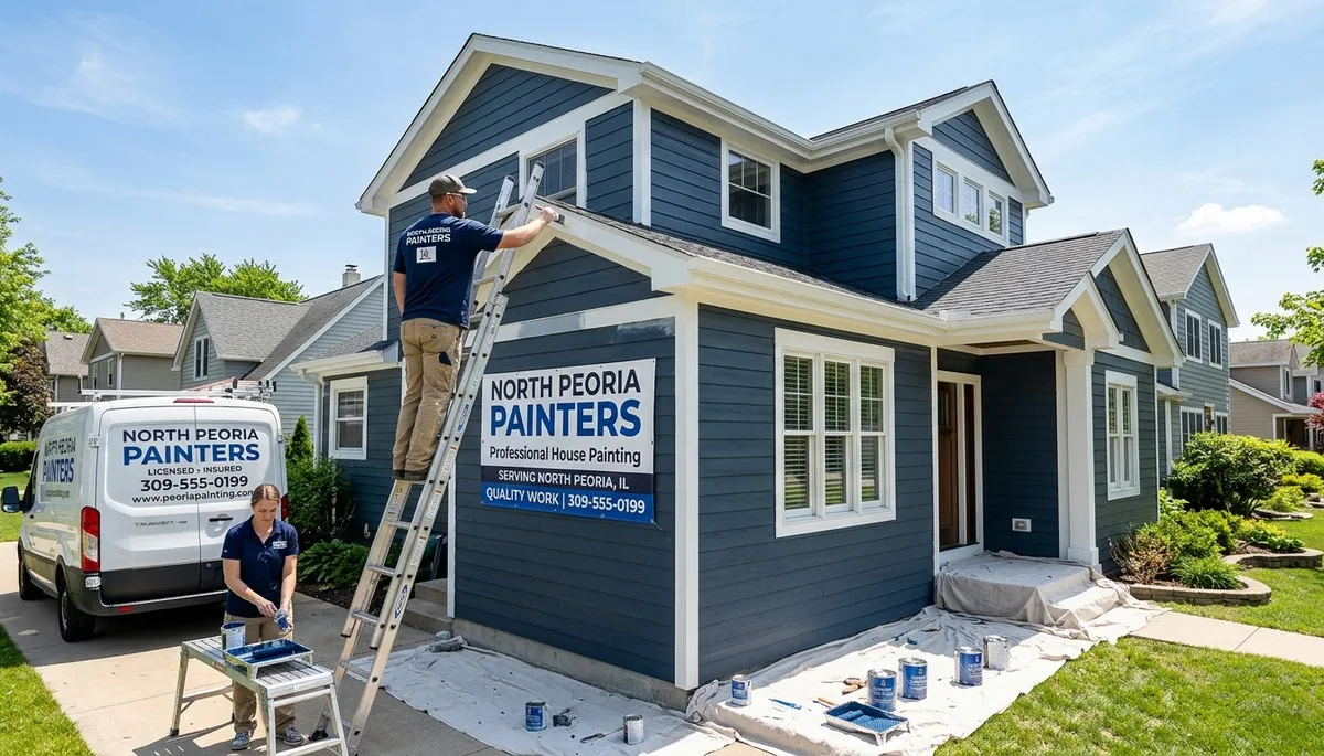 Professional house painters working on residential exterior in Peoria IL