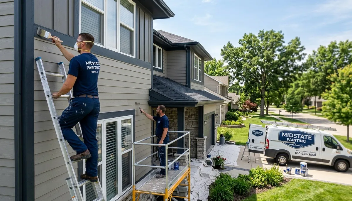 Professional house painters finishing exterior home in Peoria IL