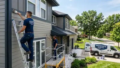 Professional house painters finishing exterior home in Peoria IL