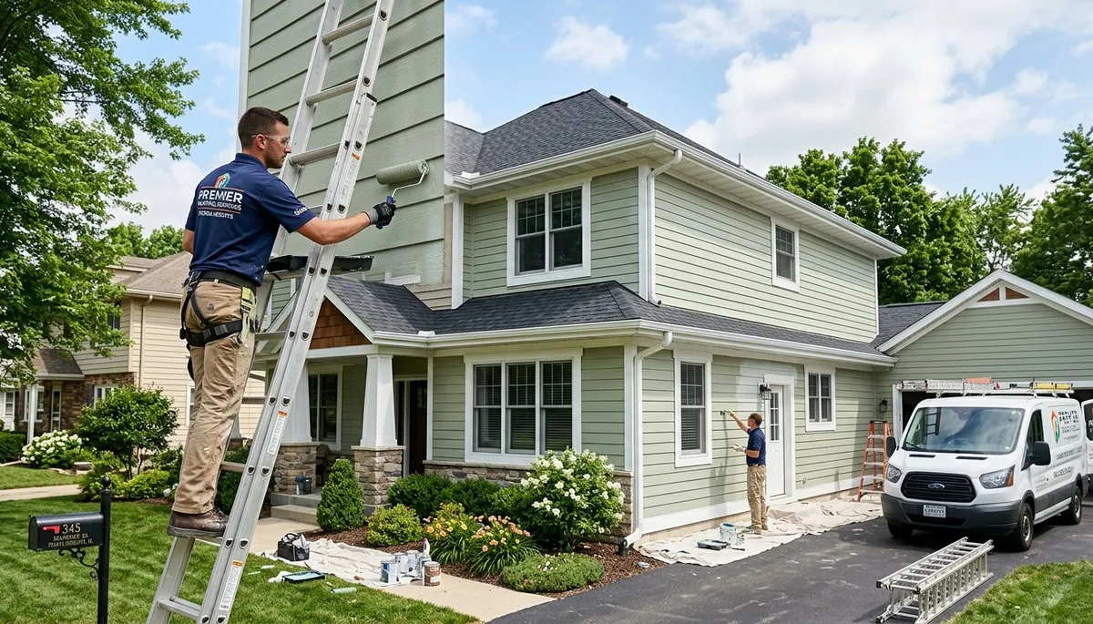 Professional house painters in Peoria IL applying exterior paint to a residential home