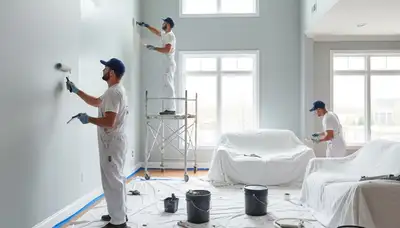 Professional interior house painters working on living room walls in Peoria, IL