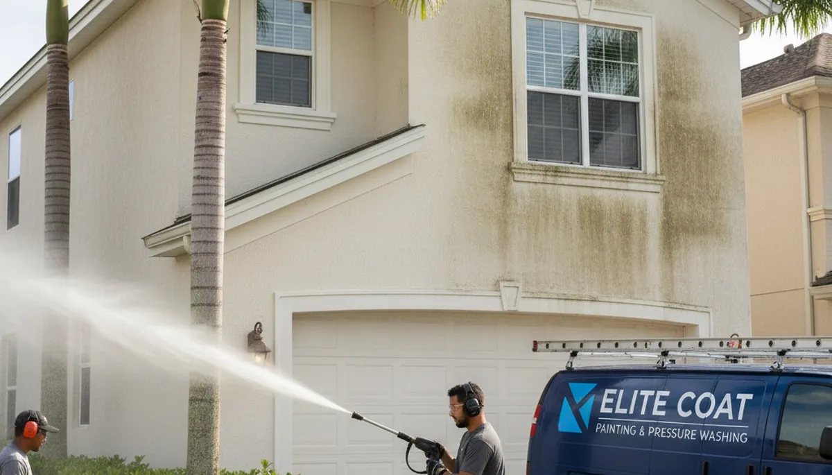 Professional pressure cleaning a Peoria IL home exterior removing dirt and stains for a fresh finish