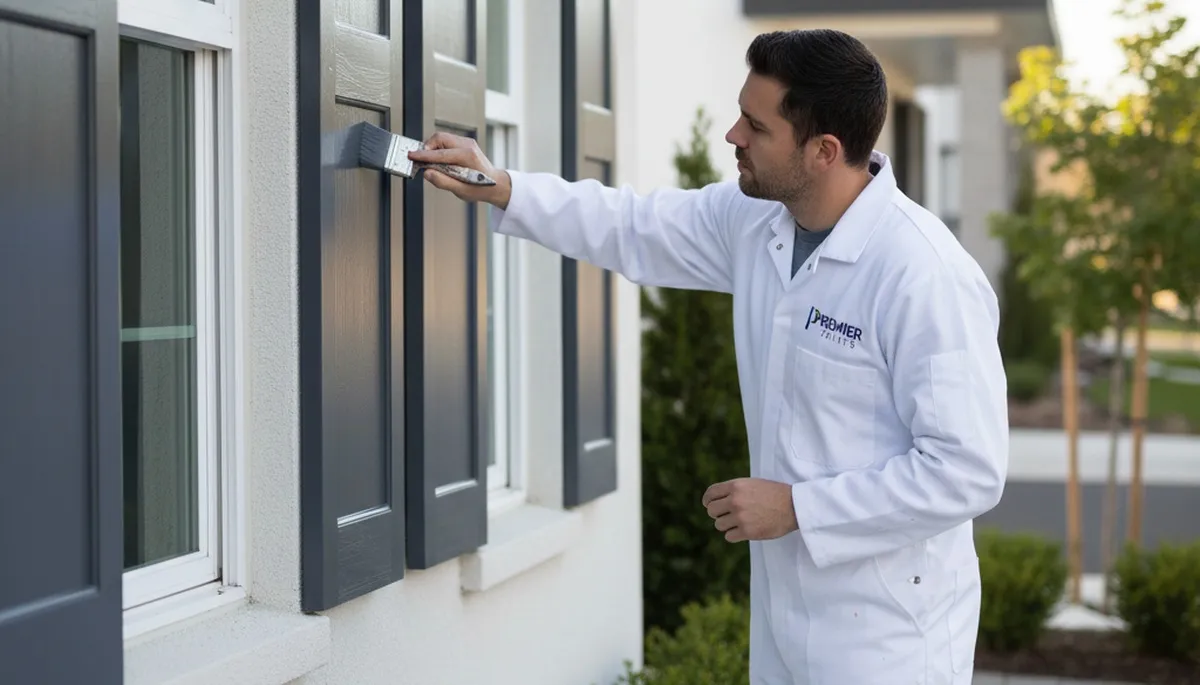 Professional shutter painting and refinishing on a Peoria, IL home exterior by expert painters