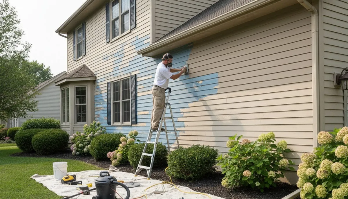 Professional surface preparation for exterior house painting in Peoria, IL ensuring smooth, lasting finishes