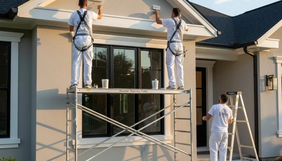 Professional trim and fascia painting on Peoria IL home exterior by expert house painters