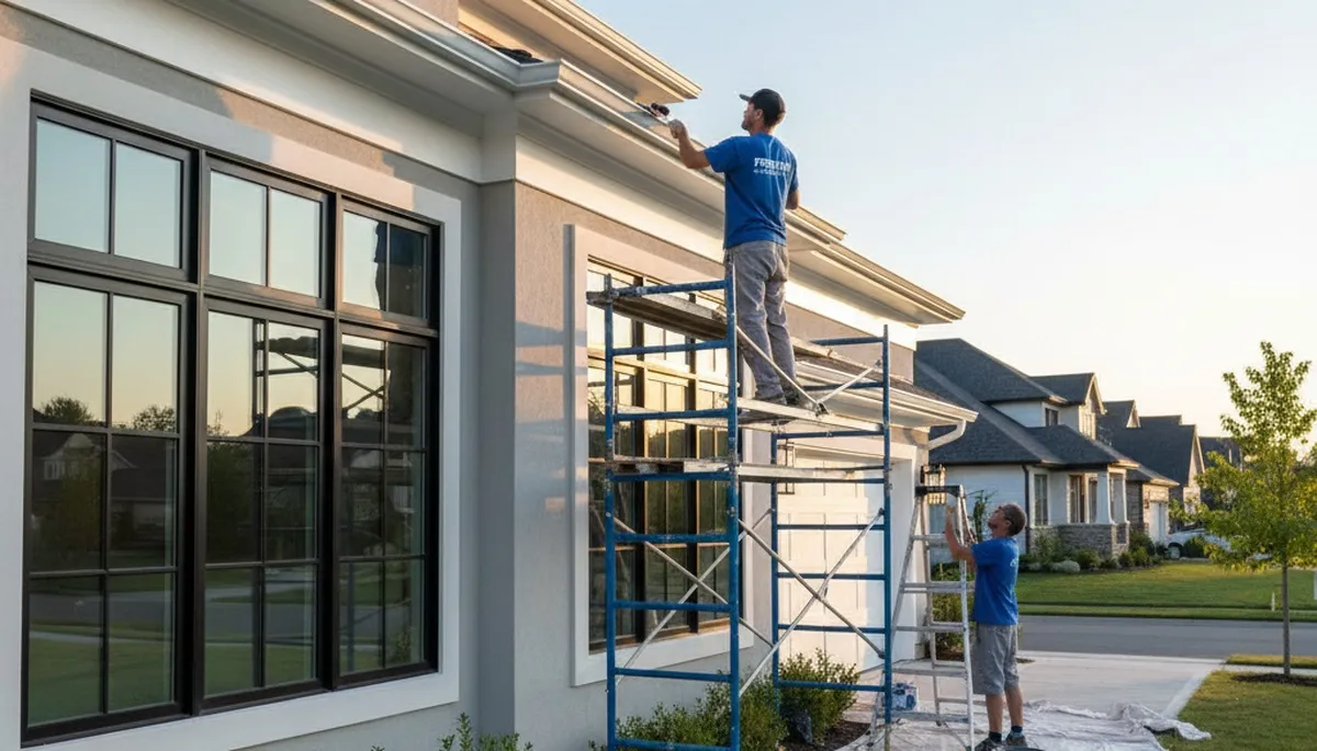 Professional trim and fascia painting on a Peoria IL home by expert house painters