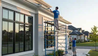 Professional trim and fascia painting on a Peoria IL home by expert house painters