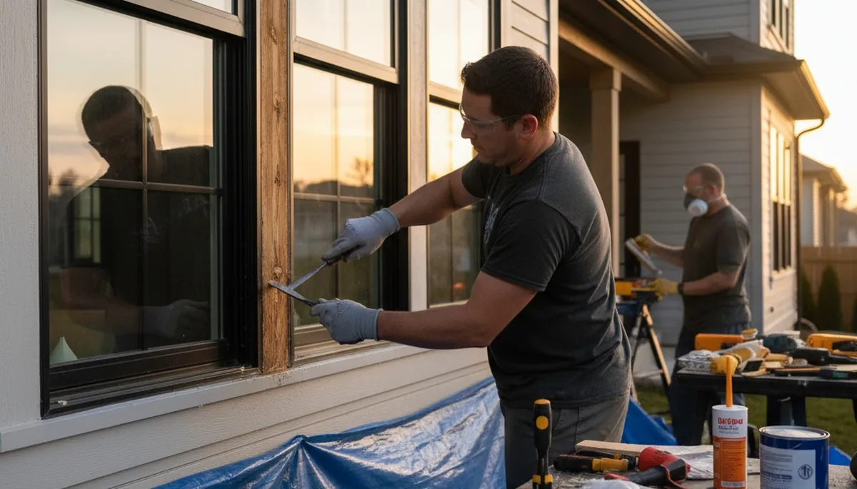 Professional wood rot repair by house painters restoring home exterior in Peoria, IL