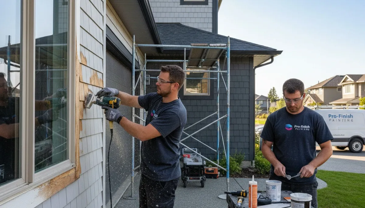 Wood rot repair and exterior painting on Peoria IL home by expert restoration painters