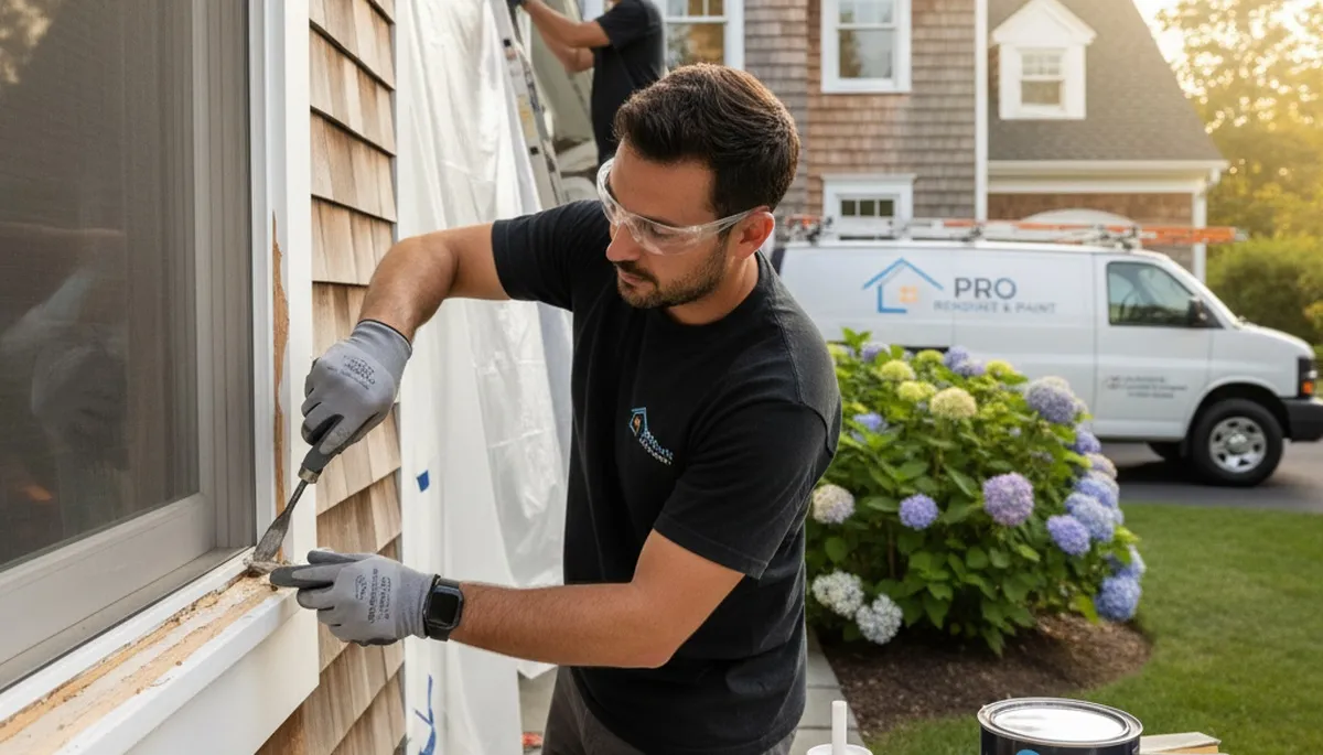 Wood rot repair on Peoria IL home exterior by professional house painters restoring damaged siding
